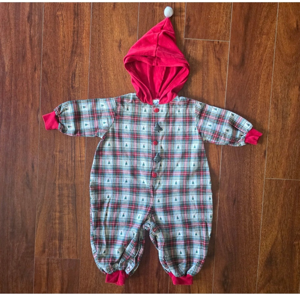 Vtg Good Lad Christmas Plaid Hooded Romper Tree Pom Pom Baby 6/9 months